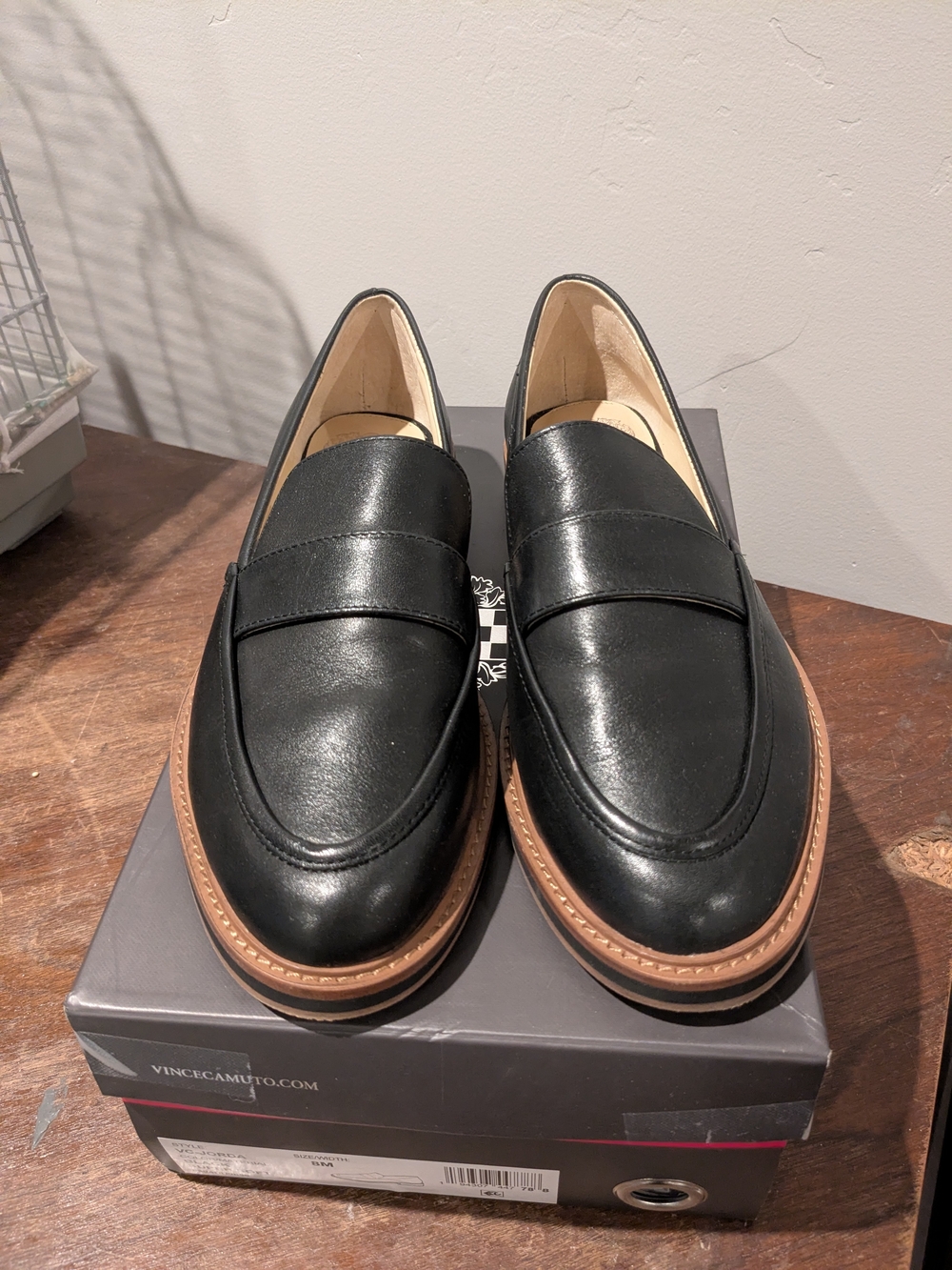 Vince Camuto Black Leather Penny Loafers with Tan Welt